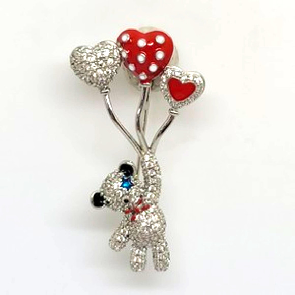 Rhodium Plated Silver Round CZ Bear & Balloons Pin - Picture 4 of 4